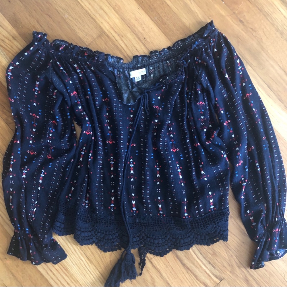 Boho off shoulder navy top with tassels